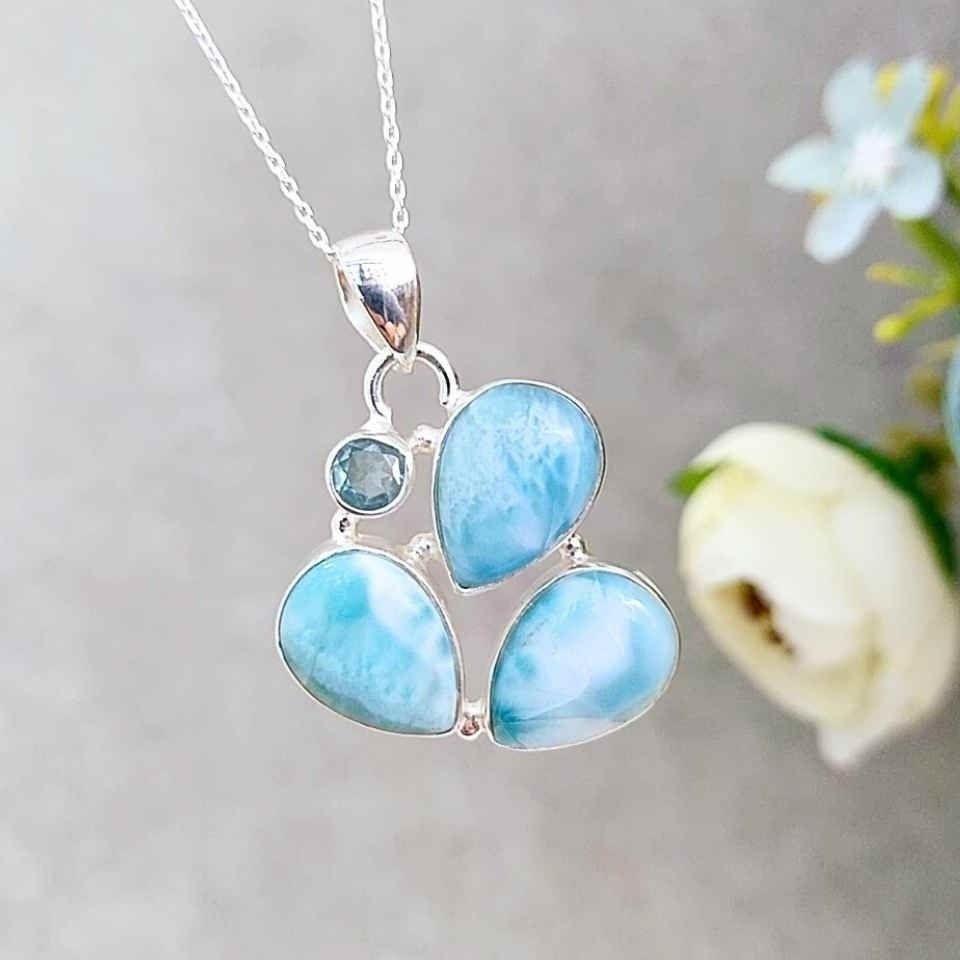 Larimar ve Topaz Taşı Doğal Taş Gümüş Kolye 00996