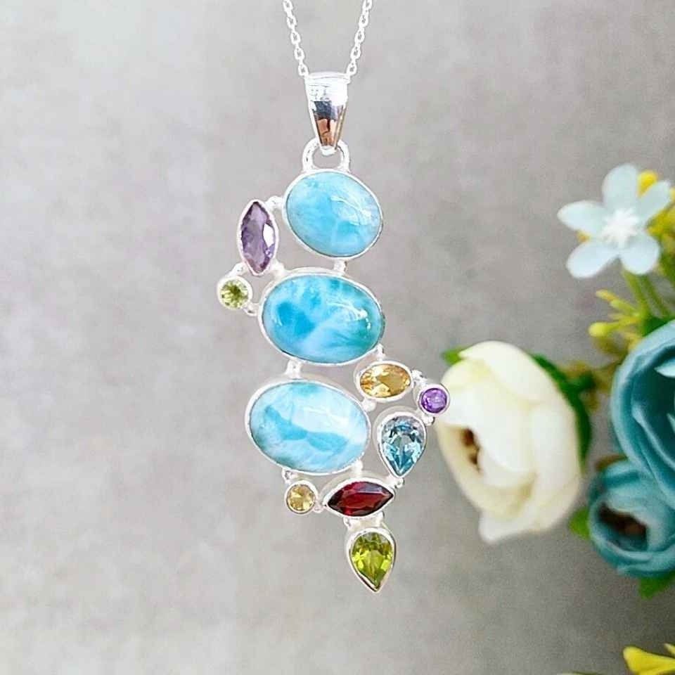 Larimar ve Topaz Taşı Doğal Taş Gümüş Kolye 00997