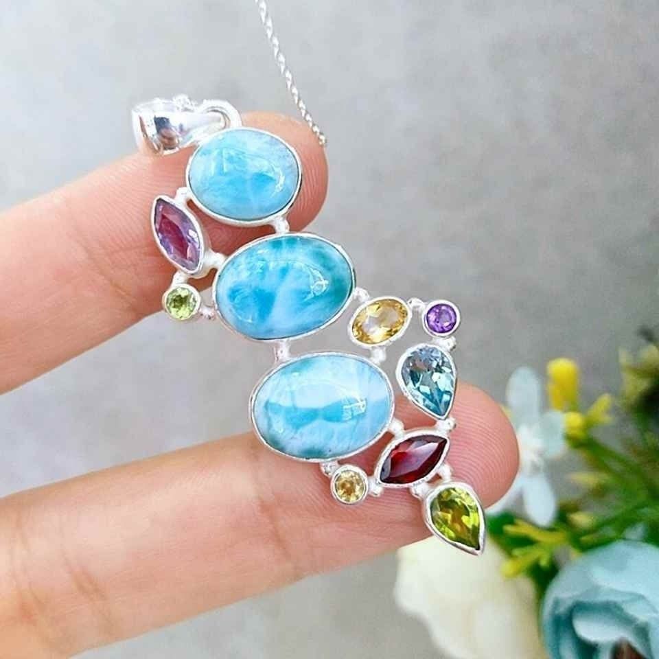 Larimar ve Topaz Taşı Doğal Taş Gümüş Kolye 00997