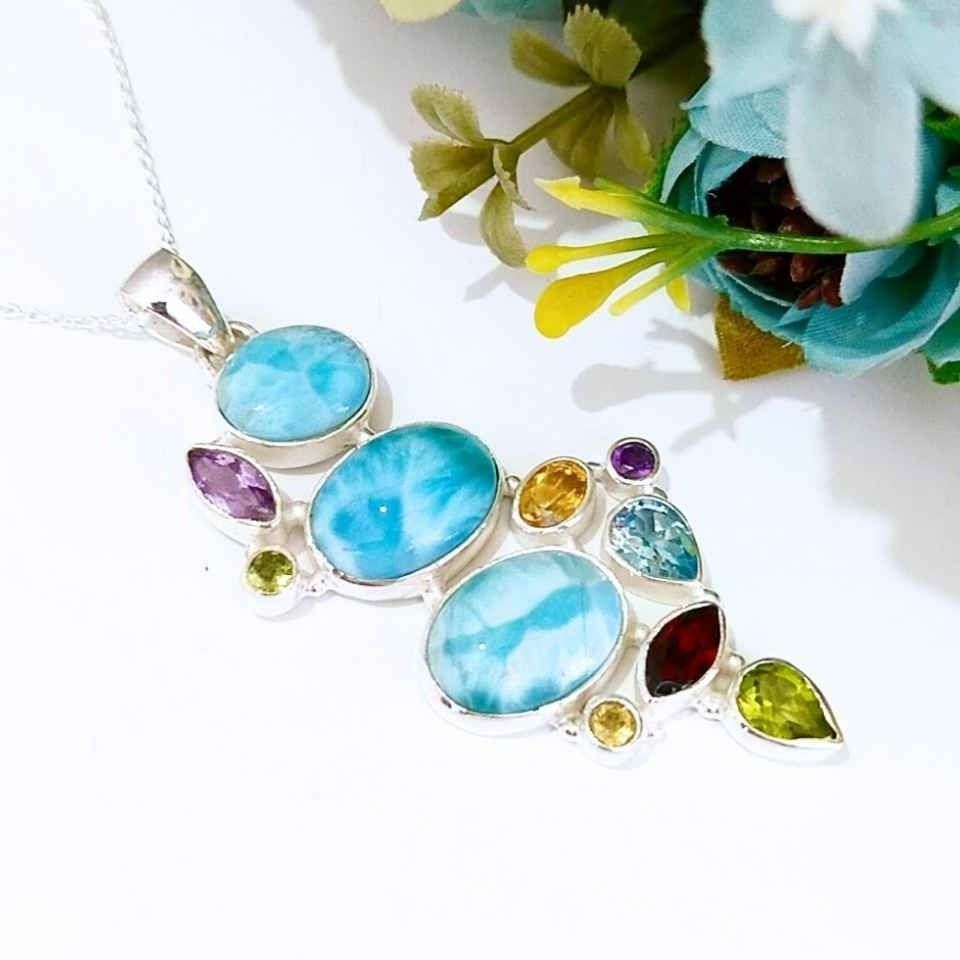 Larimar ve Topaz Taşı Doğal Taş Gümüş Kolye 00997