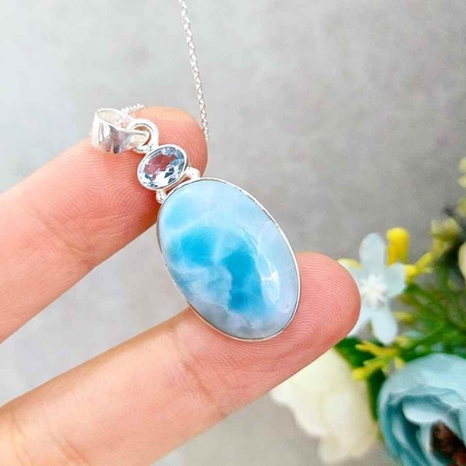 Larimar ve Topaz Taşı Doğal Taş Gümüş Kolye 00998