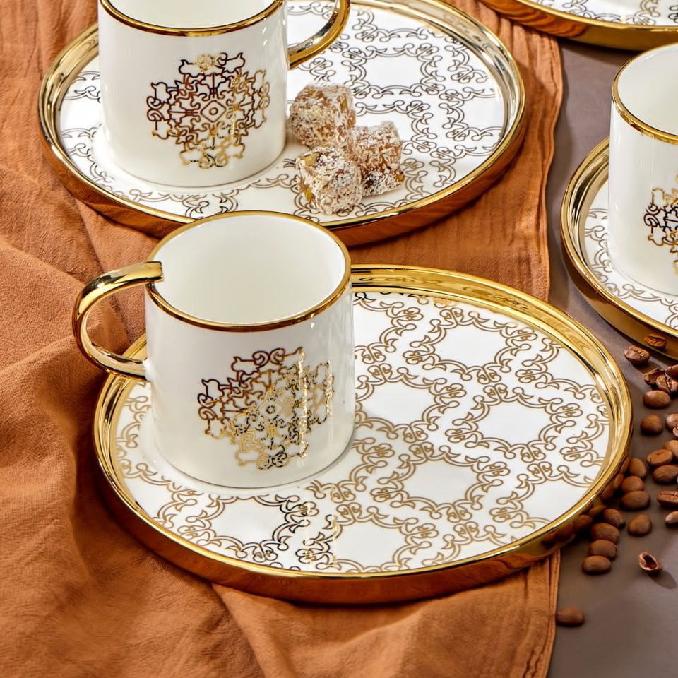 Carmen 6 Kişilik Porselen Gold Detaylı Otantik Desenli Kahve Fincan Takımı