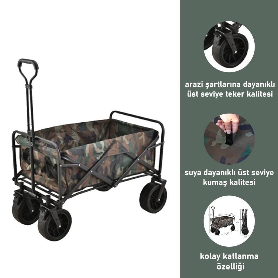 Büyük Boy Katlanabilir Kamp Arabası – Alüminyum Gövdeli Taşıma Vagonu Piknik ve Seyahat İçin haki Yeşil