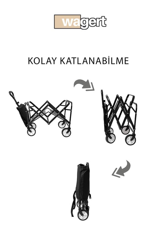 Büyük Boy Katlanabilir Kamp Arabası – Alüminyum Gövdeli Taşıma Vagonu Piknik ve Seyahat İçin Siyah