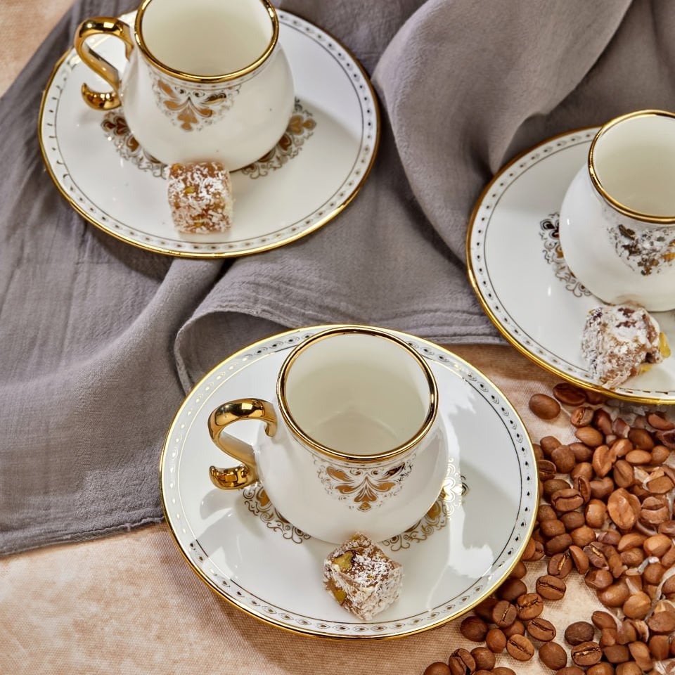 Carmen 6 Kişilik Porselen Gold Detaylı Çay Fincan Takımı