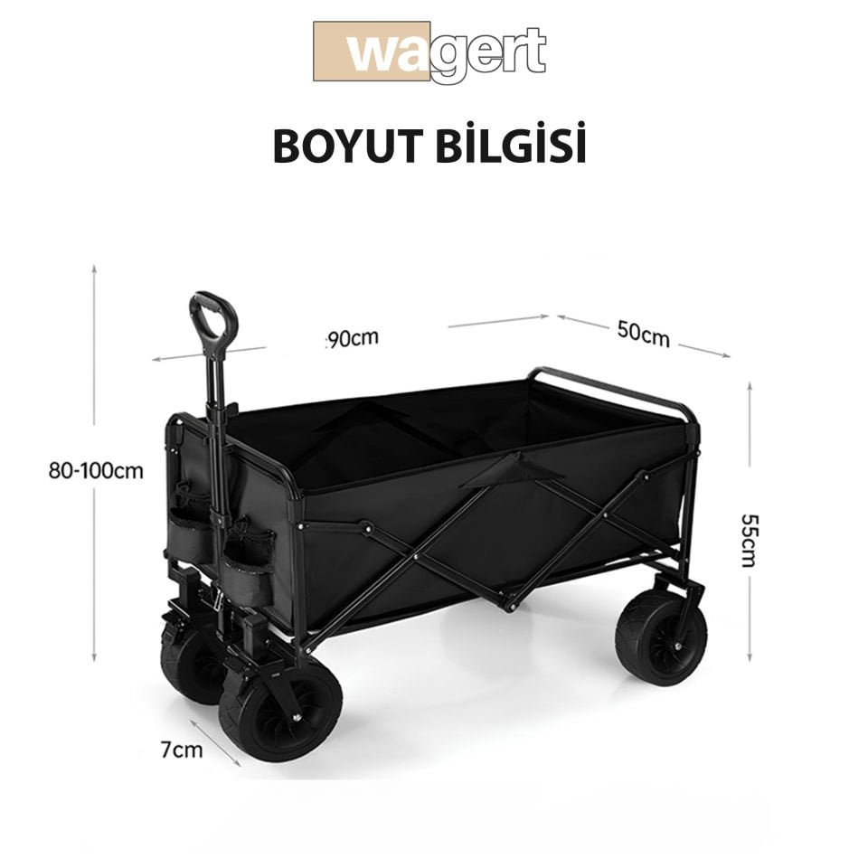 Büyük Boy Katlanabilir Kamp Arabası – Alüminyum Gövdeli Taşıma Vagonu Piknik ve Seyahat İçin Siyah