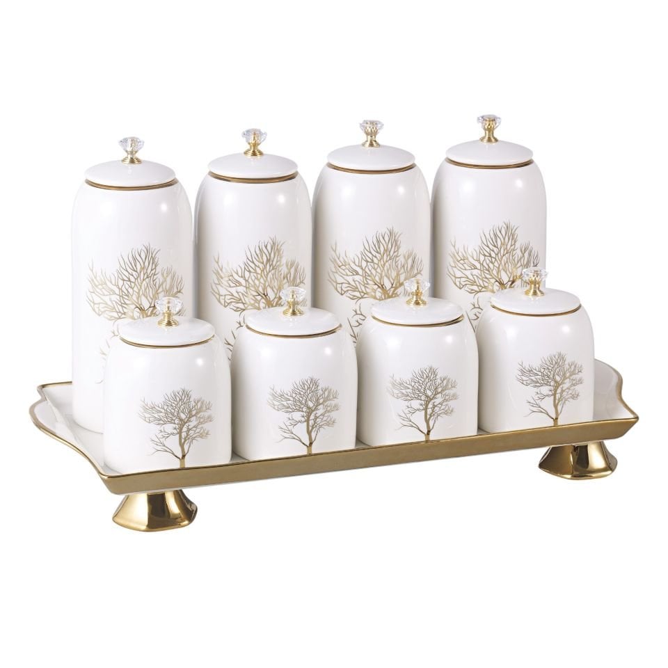 Autumn Gold Detaylı Hayat Ağacı Desenli Kristal Taşlı Porselen 8'li Baharatlık Seti