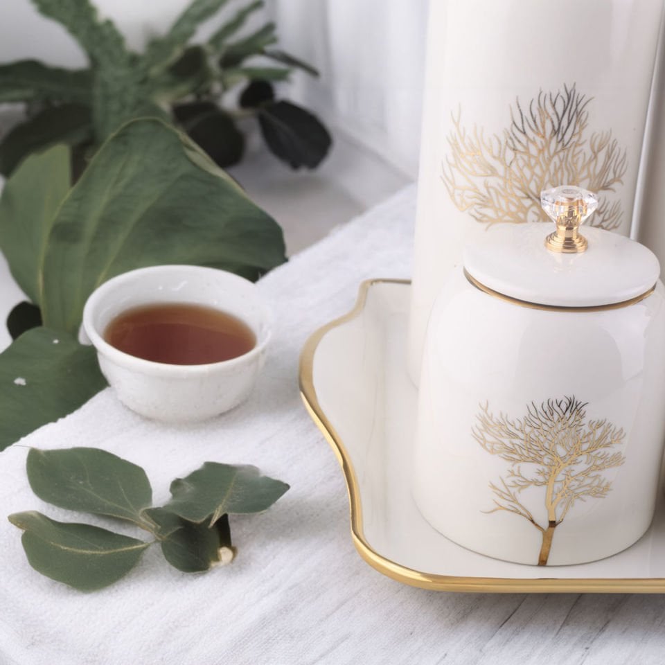 Autumn Gold Detaylı Hayat Ağacı Desenli Kristal Taşlı Porselen 8'li Baharatlık Seti