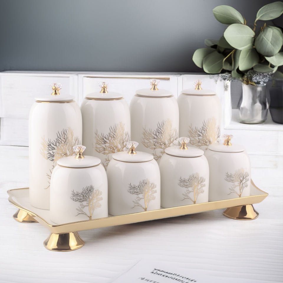 Autumn Gold Detaylı Hayat Ağacı Desenli Kristal Taşlı Porselen 8'li Baharatlık Seti
