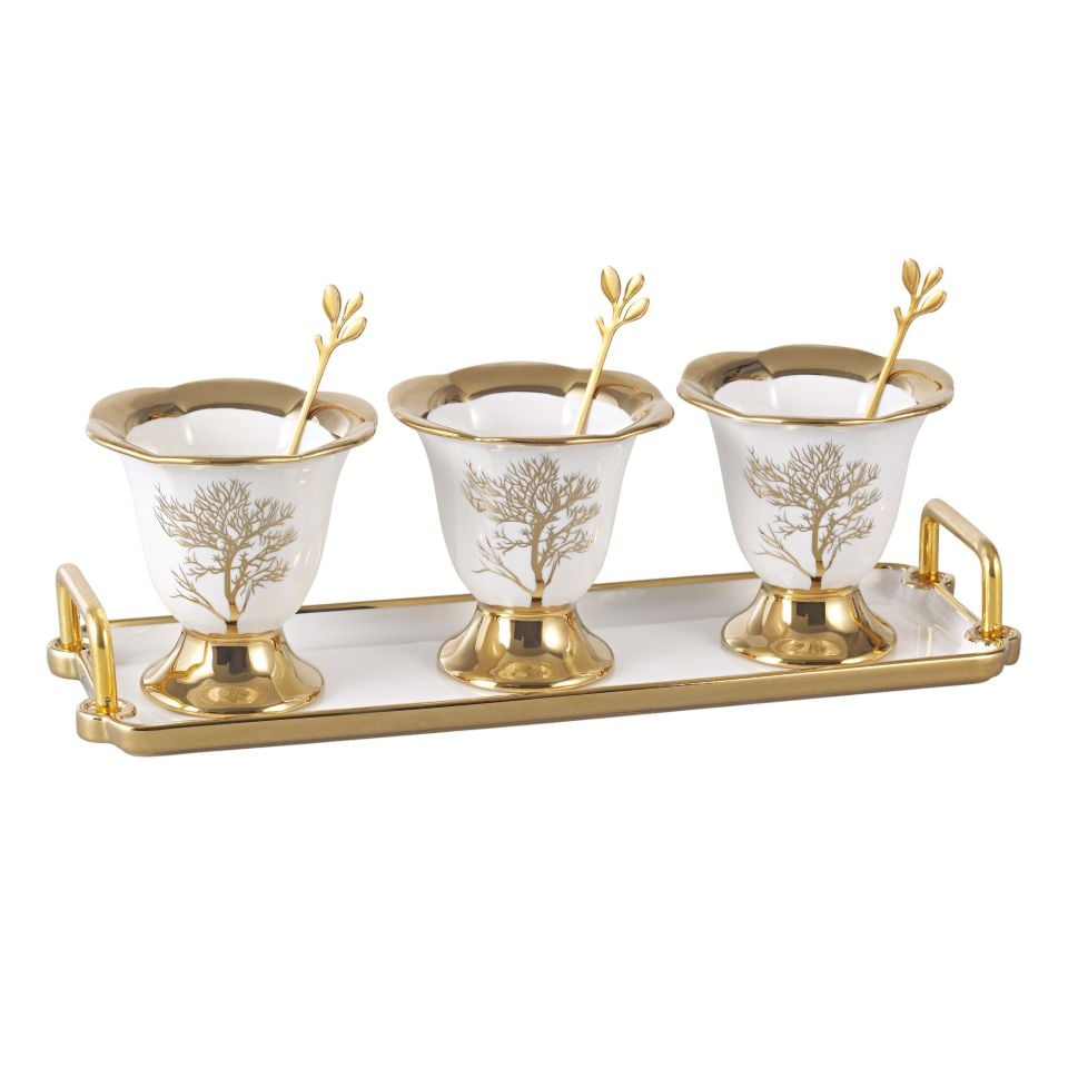 Autumn Gold Detaylı Metal Kaşıklı Porselen 3'lü Dondurma Kase Seti Çerezlik Reçellik Sosluk