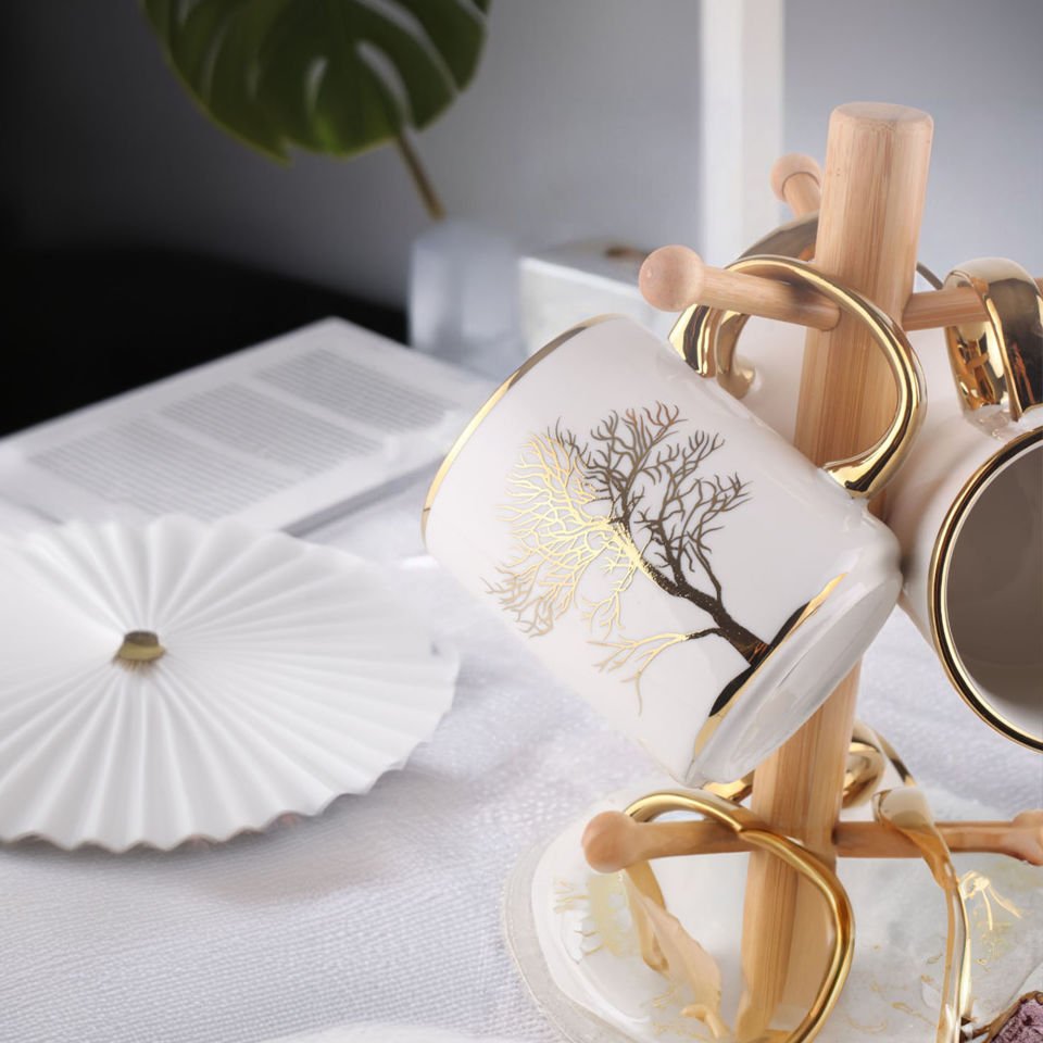 Autumn Gold Detaylı Hayat Ağaç Desenli Bambu Standlı 6'lı Kupa Seti