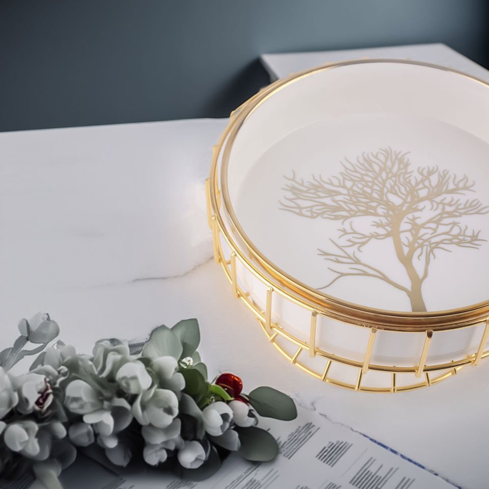 Autumn Gold Detaylı Hayat Ağaç Desenli Metal Standlı Sunum Servis Kasesi Porselen Yuvarlak Meyvelik