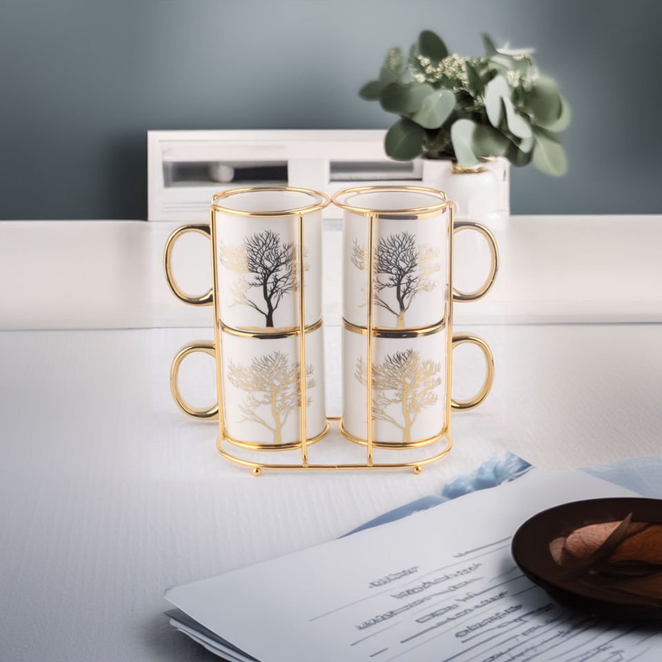Autumn Gold Hayat Ağaç Desenli Standlı 4'lü Kupa Seti