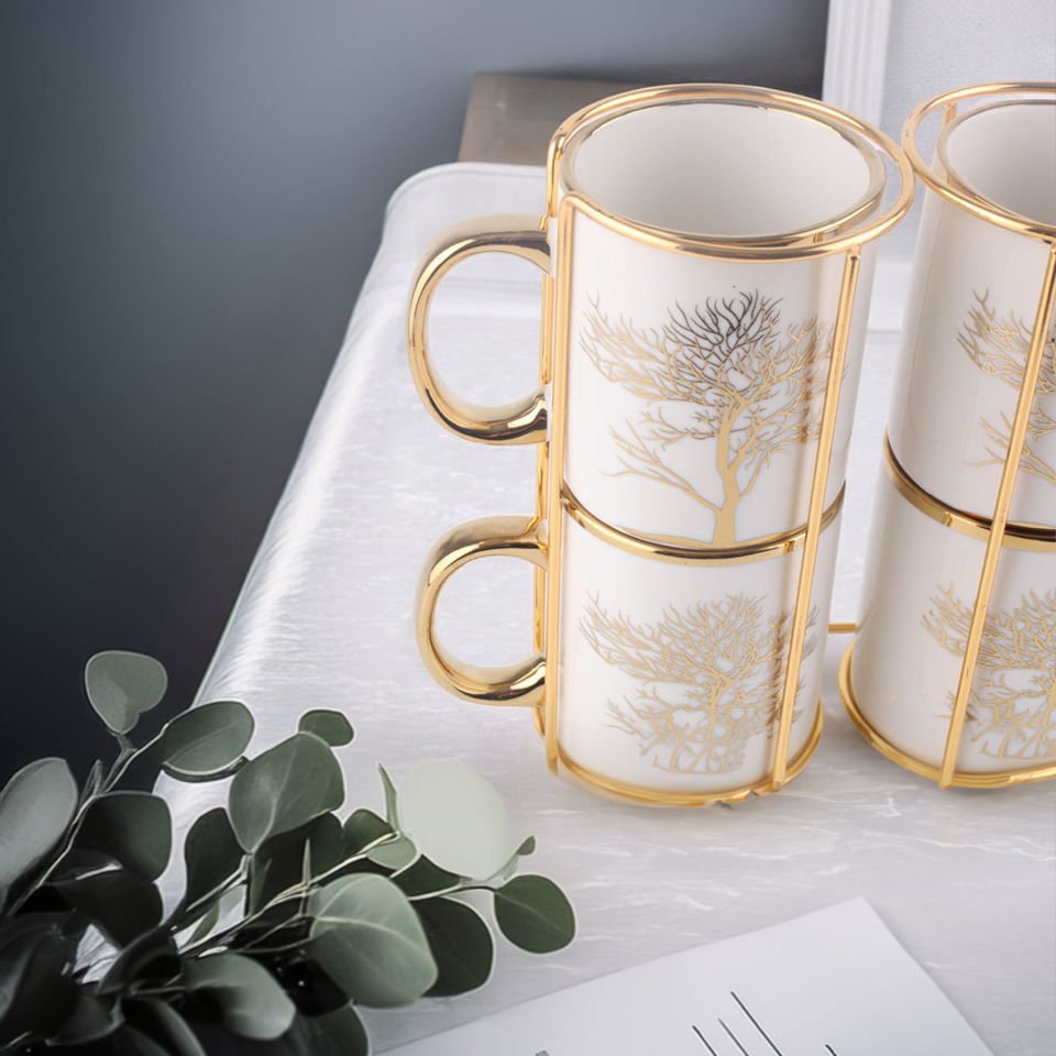 Autumn Gold Hayat Ağaç Desenli Standlı 4'lü Kupa Seti