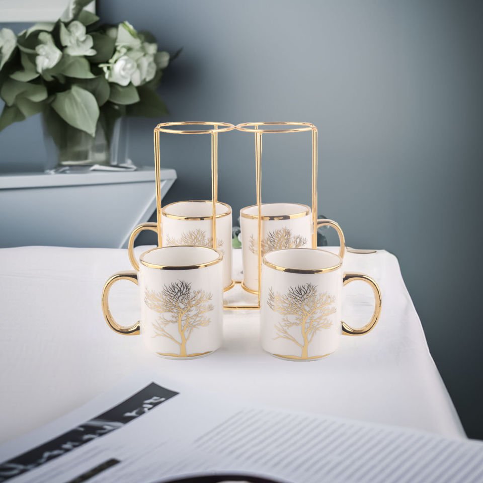 Autumn Gold Hayat Ağaç Desenli Standlı 4'lü Kupa Seti
