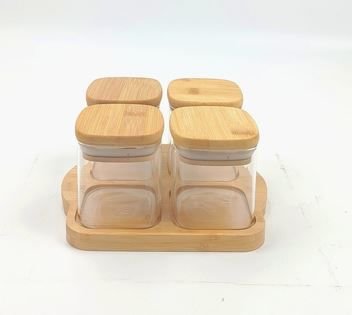 4'lü Vakumlu Bambu Kapaklı Borosilikat Cam Saklama Kabı Kahvaltılık