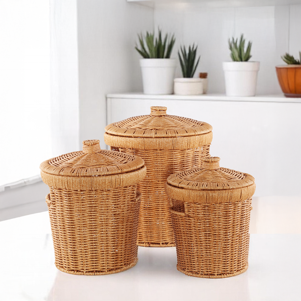 3’lü Rattan Kapaklı Patates Soğan Sepeti – Çok Amaçlı Sebzelik & Çamaşır Sepeti Seti