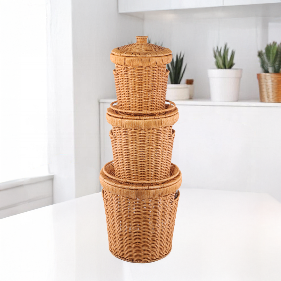 3’lü Rattan Kapaklı Patates Soğan Sepeti – Çok Amaçlı Sebzelik & Çamaşır Sepeti Seti