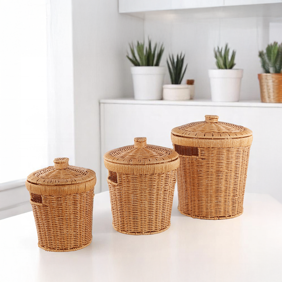 3’lü Rattan Kapaklı Patates Soğan Sepeti – Çok Amaçlı Sebzelik & Çamaşır Sepeti Seti