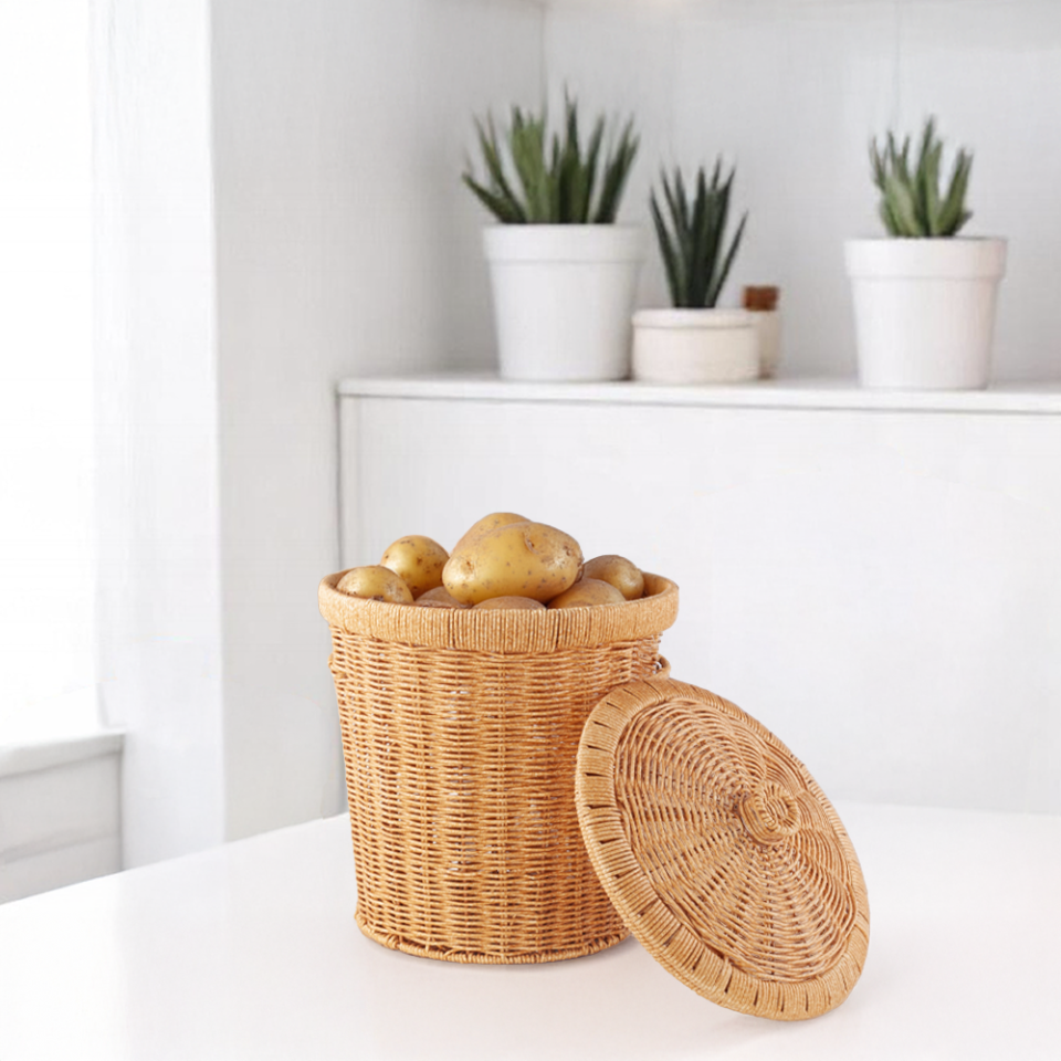 3’lü Rattan Kapaklı Patates Soğan Sepeti – Çok Amaçlı Sebzelik & Çamaşır Sepeti Seti