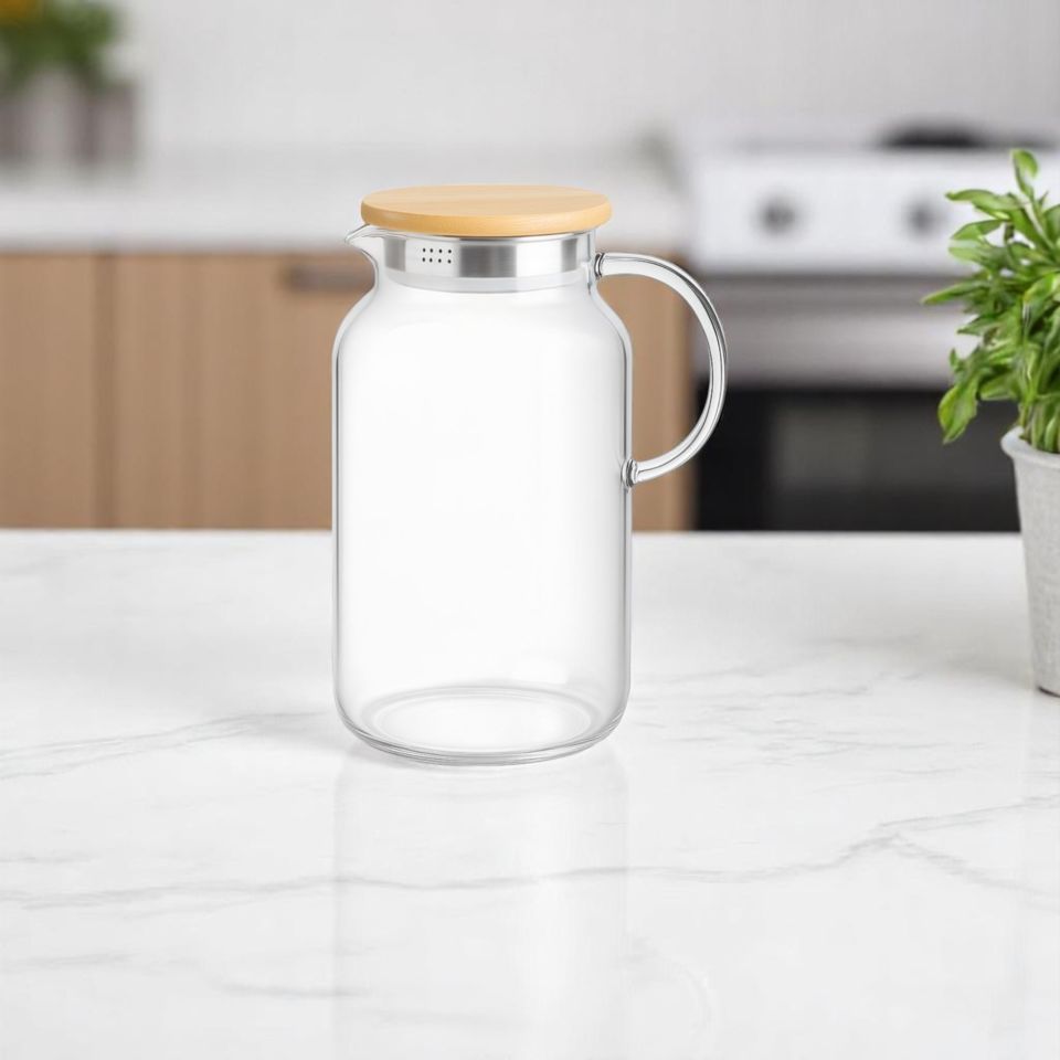 Bambu Kapaklı Borosilikat Isıya Dayanıklı Cam Sürahi 1,6 Litre