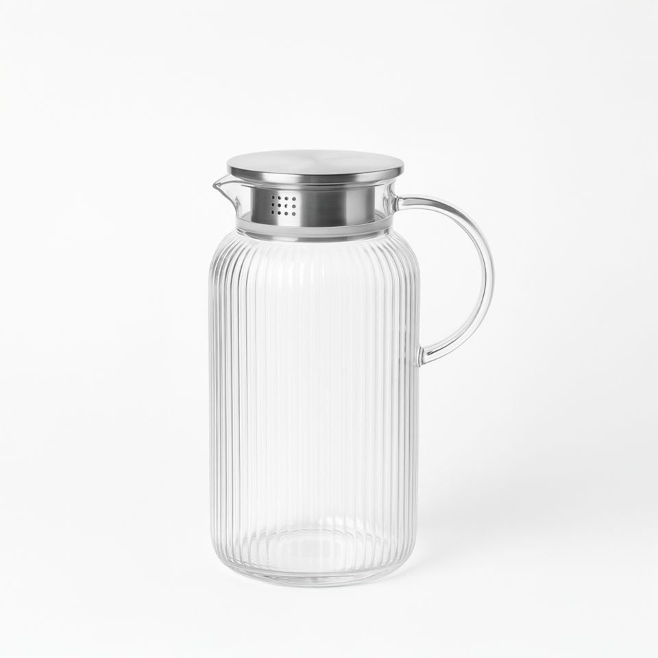 Metal Kapaklı Borosilikat Isıya Dayanıklı Çizgili Cam Sürahi 1,6 Litre
