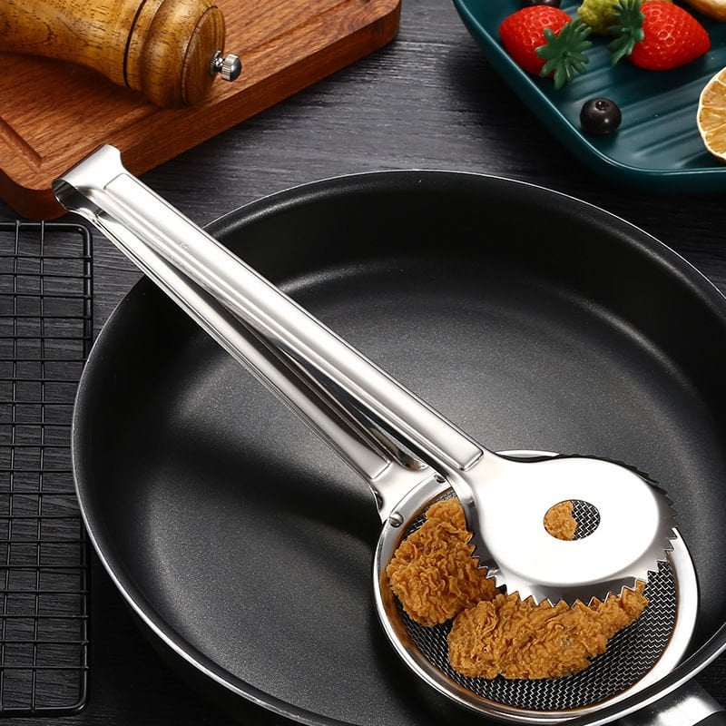 Paslanmaz Çelik Yağ Sıçratmaz Kızartma Maşası ve Süzgeç - Çok Amaçlı Mutfak Aparatı