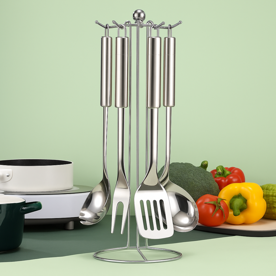 6 Parça Paslanmaz Çelik Mutfak Gereç Seti Askılı - Kepçe, Kevgir, Spatula