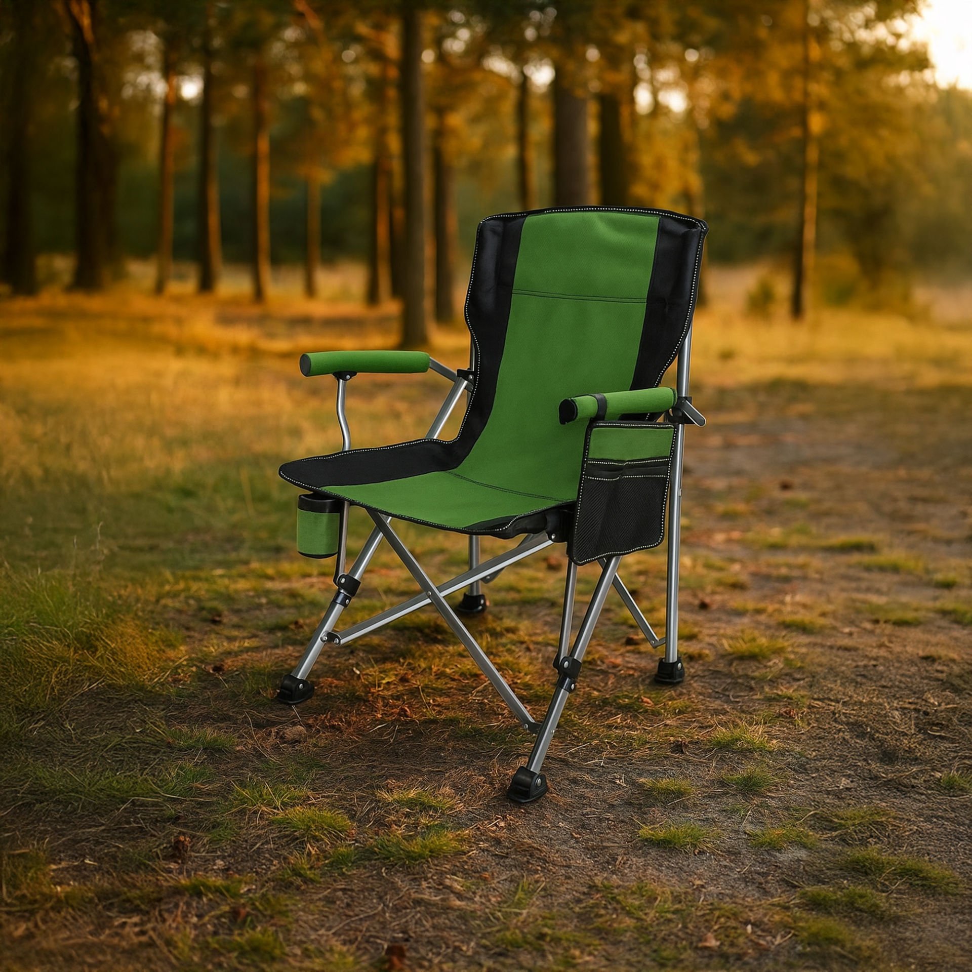 Outloft Katlanabilir Bardaklık ve Cepli Kamp Sandalyesi - Taşınabilir Outdoor Kamp Sandalyesi Yeşil