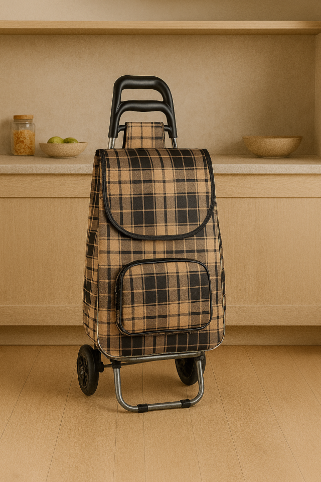 Katlanabilir Ses Yapmaz Tekerlekli Su Geçirmez Çantalı Alüminyum Gövdeli Pazar Arabası Kahverengi