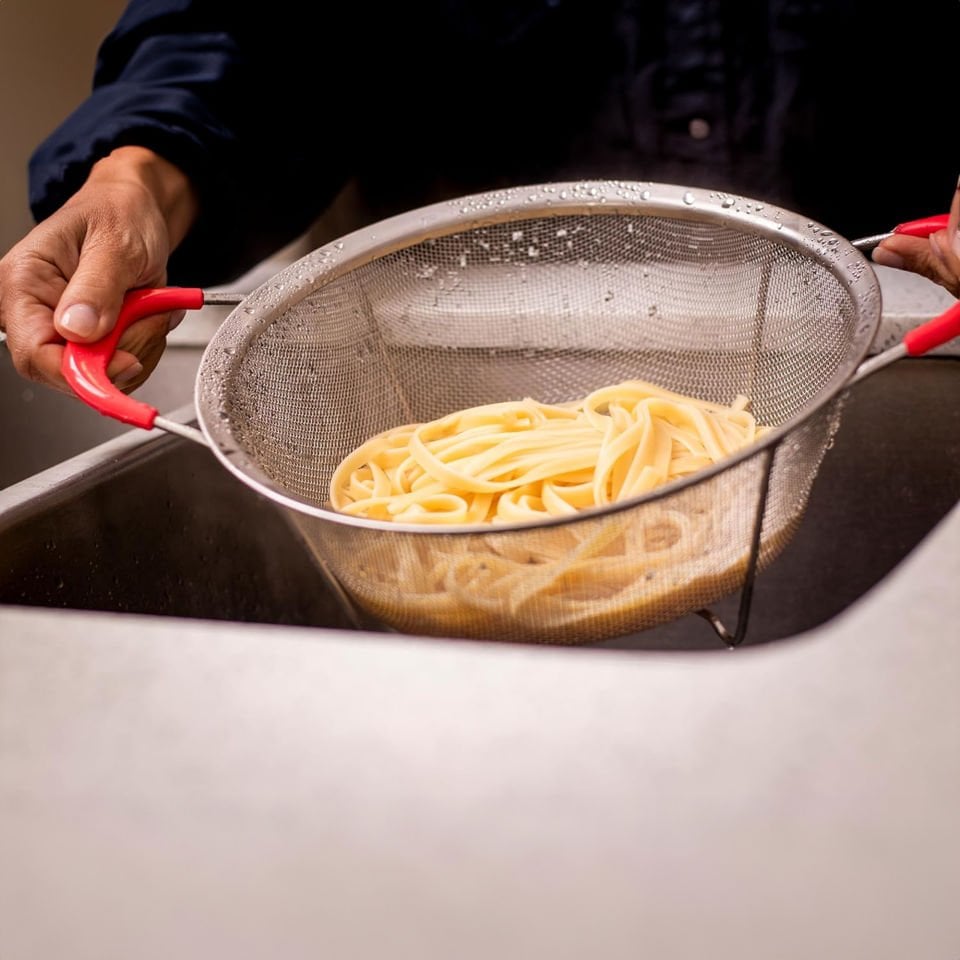 Paslanmaz Çelik Ayaklı Süzgeç 28 cm – Saplı Sebze Meyve Yıkama ve Süzme Eleği