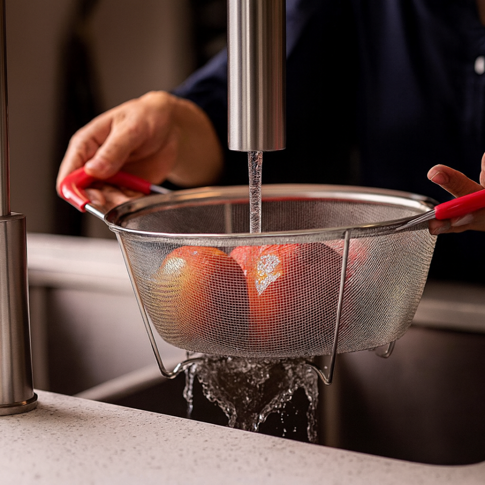 Paslanmaz Çelik Ayaklı Süzgeç 28 cm – Saplı Sebze Meyve Yıkama ve Süzme Eleği