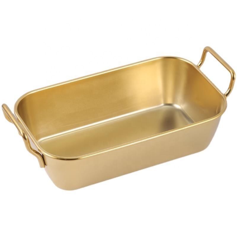 Gold Paslanmaz Çelik Dikdörtgen Sunum Tavası – Kulplu Servis Kabı Sosluk 17 cm