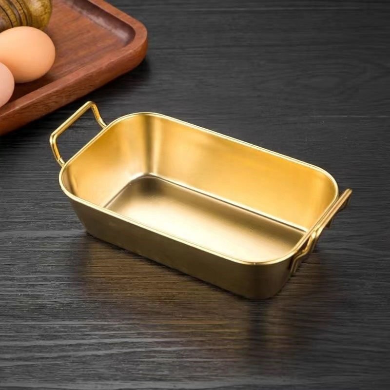 Gold Paslanmaz Çelik Dikdörtgen Sunum Tavası – Kulplu Servis Kabı Sosluk 17 cm