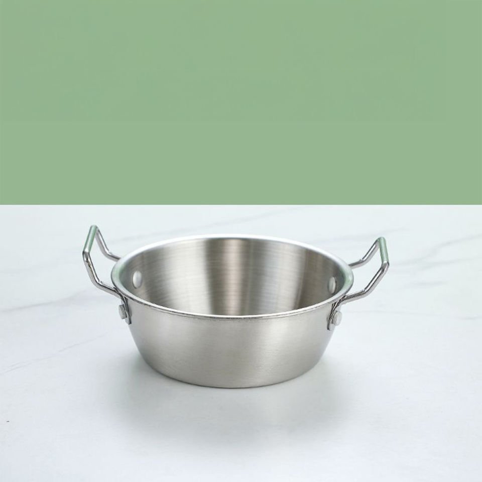 Gümüş Paslanmaz Çelik Yuvarlak Sunum Tavası – Kulplu Servis Kabı Sosluk 13 cm