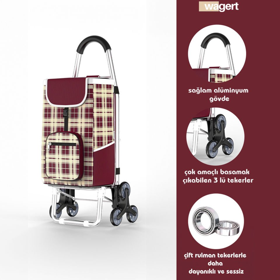 Ses Yapmaz 3 Tekerlekli Su Geçirmez Çantalı Aliminyum Gövdeli Lüks Pazar Arabası Kahverengi