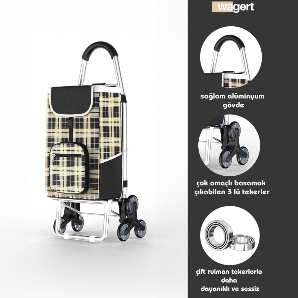 Ses Yapmaz 3 Tekerlekli Su Geçirmez Çantalı Aliminyum Gövdeli Lüks Pazar Arabası Kahverengi