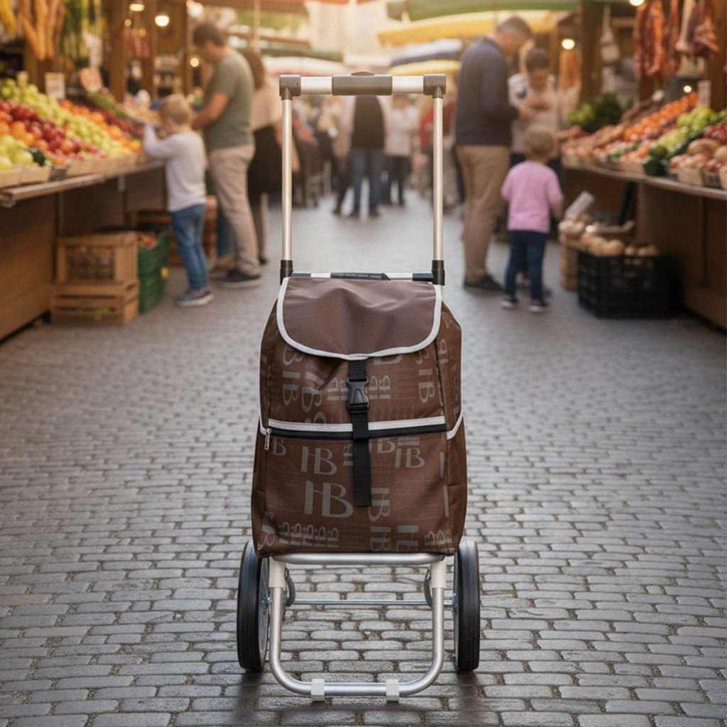 Teleskopik Saplı Su Geçirmez Çantalı Alüminyum Gövdeli Katlanabilir Pazar Arabası Kahverengi
