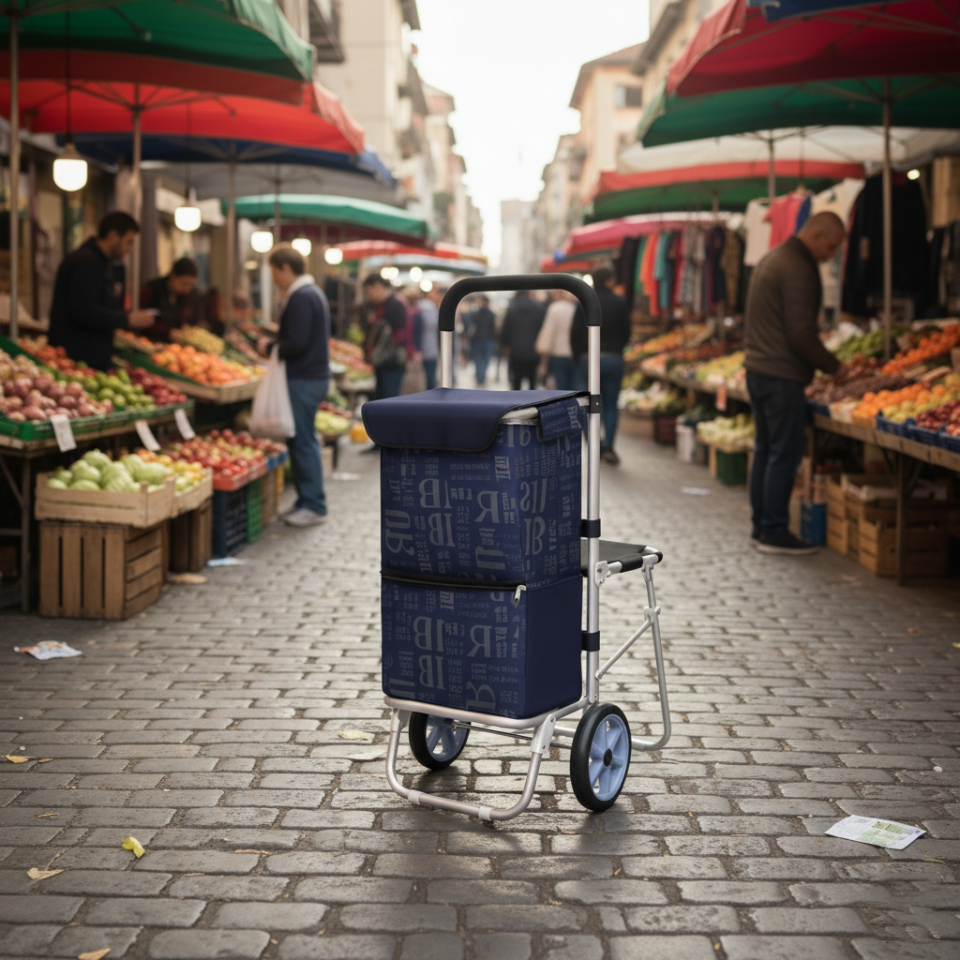 Katlanabilir Oturaklı Alüminyum Gövdeli Pazar Arabası – Sessiz Tekerlek, Fermuarlı Çanta Bordo