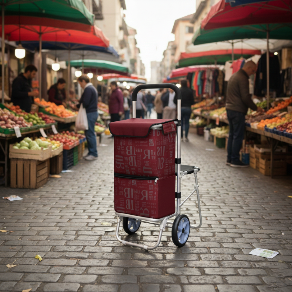 Katlanabilir Oturaklı Alüminyum Gövdeli Pazar Arabası – Sessiz Tekerlek, Fermuarlı Çanta Bordo