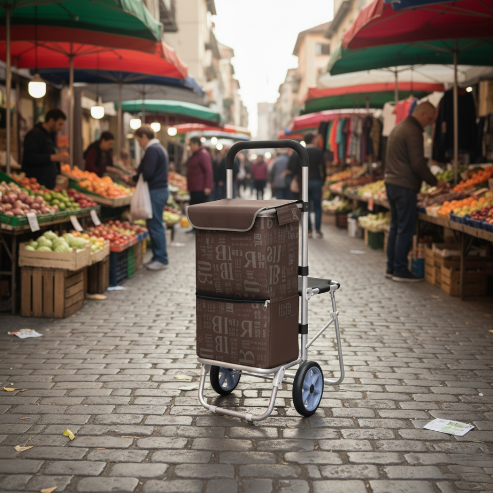 Katlanabilir Oturaklı Alüminyum Gövdeli Pazar Arabası – Sessiz Tekerlek, Fermuarlı Çanta Bordo
