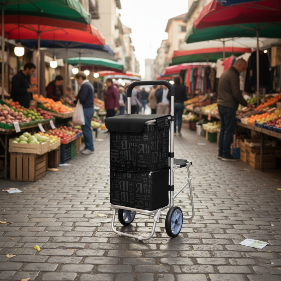 Katlanabilir Oturaklı Alüminyum Gövdeli Pazar Arabası – Sessiz Tekerlek, Fermuarlı Çanta Siyah