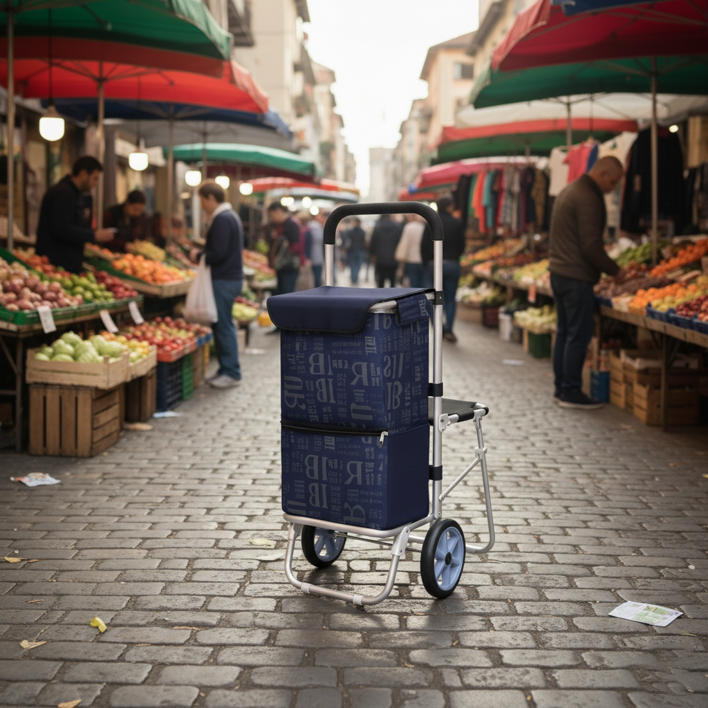 Katlanabilir Oturaklı Alüminyum Gövdeli Pazar Arabası – Sessiz Tekerlek, Fermuarlı Çanta Lacivert