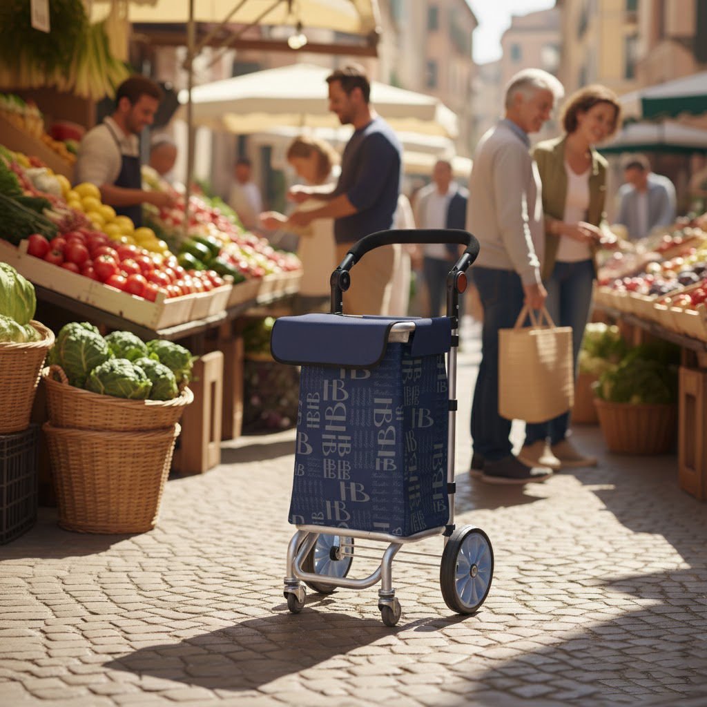 360° Döner 4 Tekerlekli Su Geçirmez Çantalı Alüminyum Pazar Arabası Lacivert
