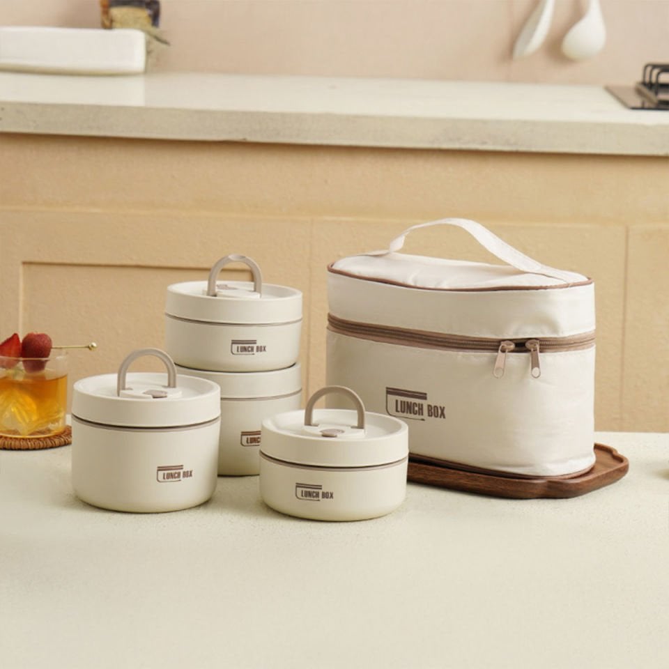 Termo Yalıtımlı 4’lü Yuvarlak Saklama Kabı Seti ve Isı Koruyucu Taşıma Çantası – Lunch Box