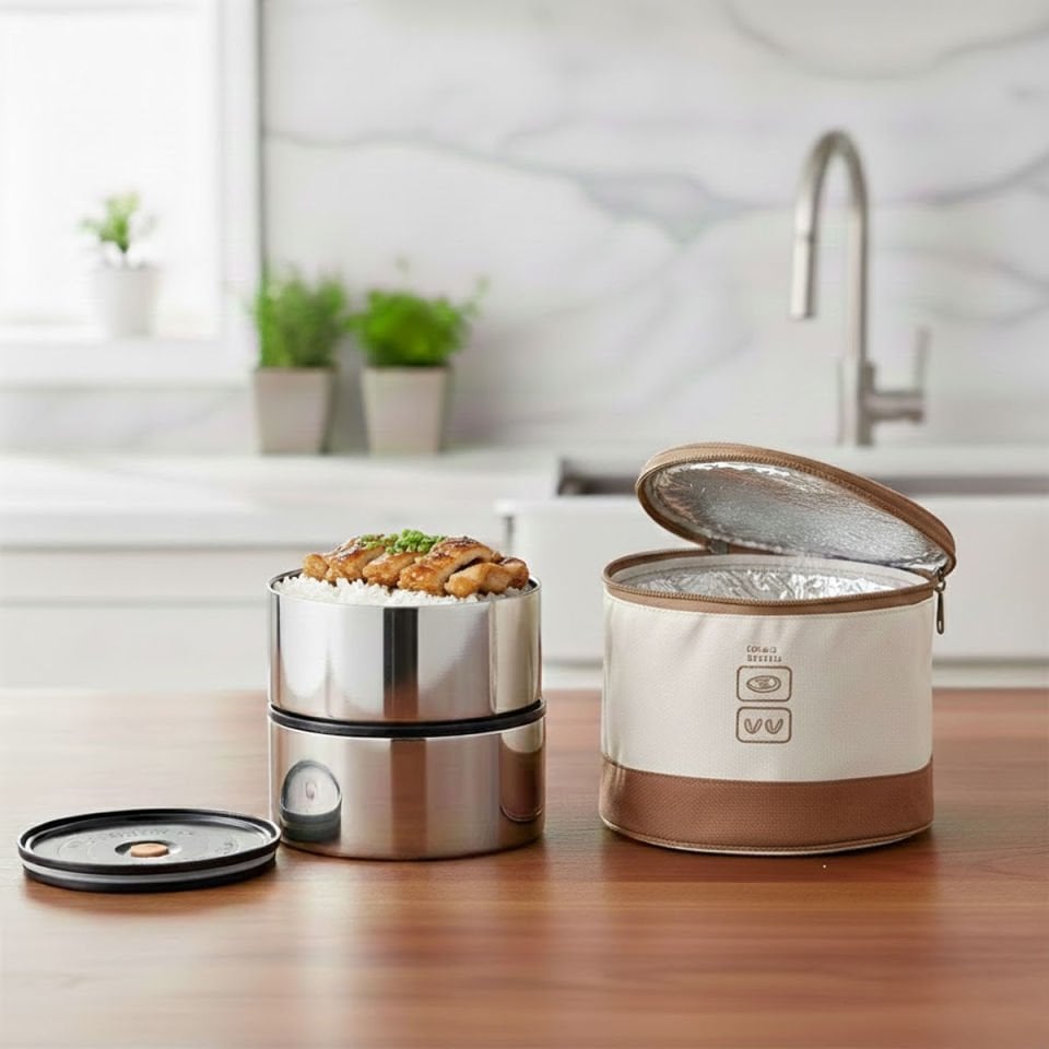 2 Katlı Paslanmaz Çelik Termo Yemek Kabı ve Isı Yalıtımlı Taşıma Çantası – Lunch Box