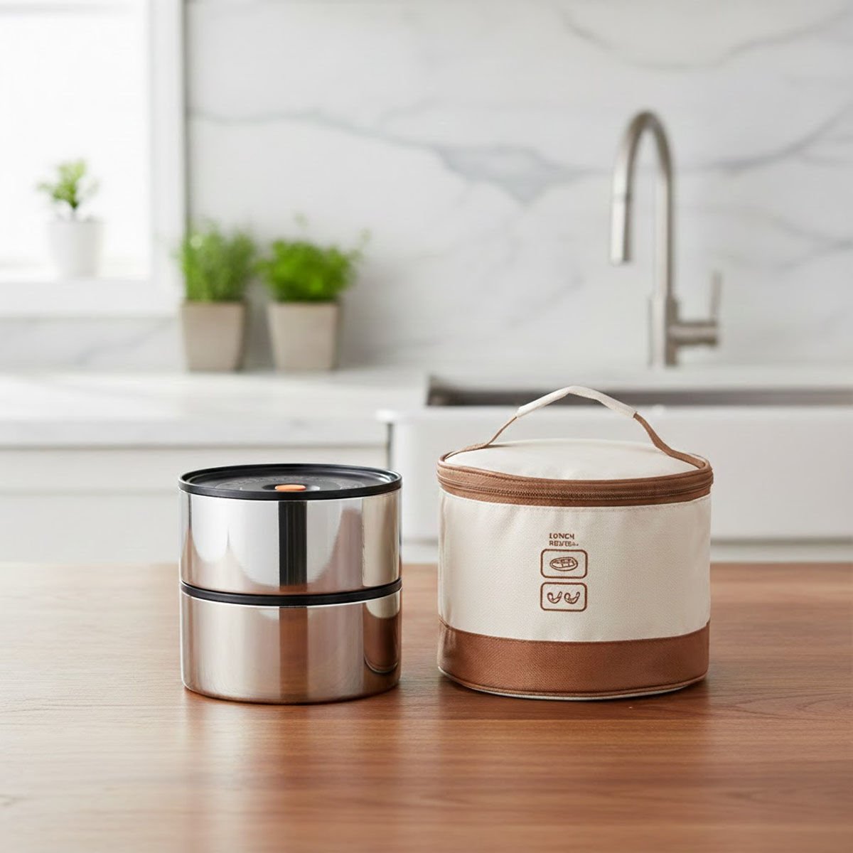 2 Katlı Paslanmaz Çelik Termo Yemek Kabı ve Isı Yalıtımlı Taşıma Çantası – Lunch Box