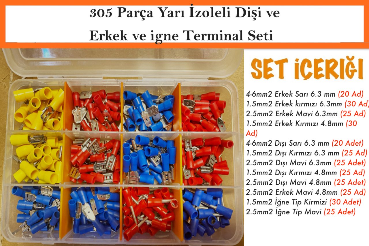 305 Parça Yarı İzoleli Dişi ve Erkek ve igne Terminal Seti