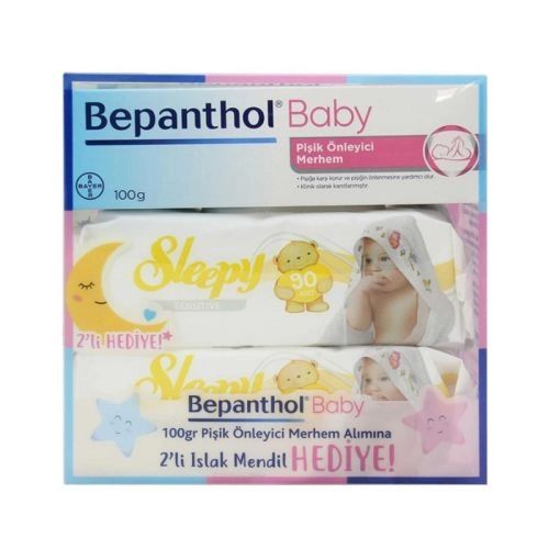 Bepanthol Baby Pişik Önleyici Merhem 100g + 2 Sleepy Sensitive Islak Mendil 90lı Hediye