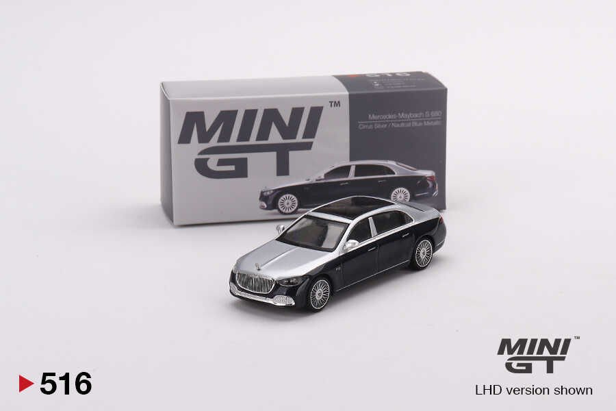Mini GT 1:64 Mercedes-Maybach S680 Cirrus Silver / Nautical Blue Metallic